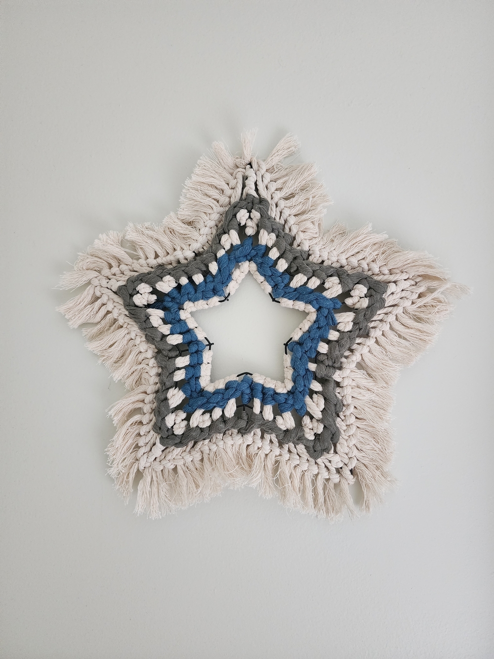 Boho Macrame Wall Hanging STAR Blue, Gray & Cream Beach Coastal - 16" Wide/Tall